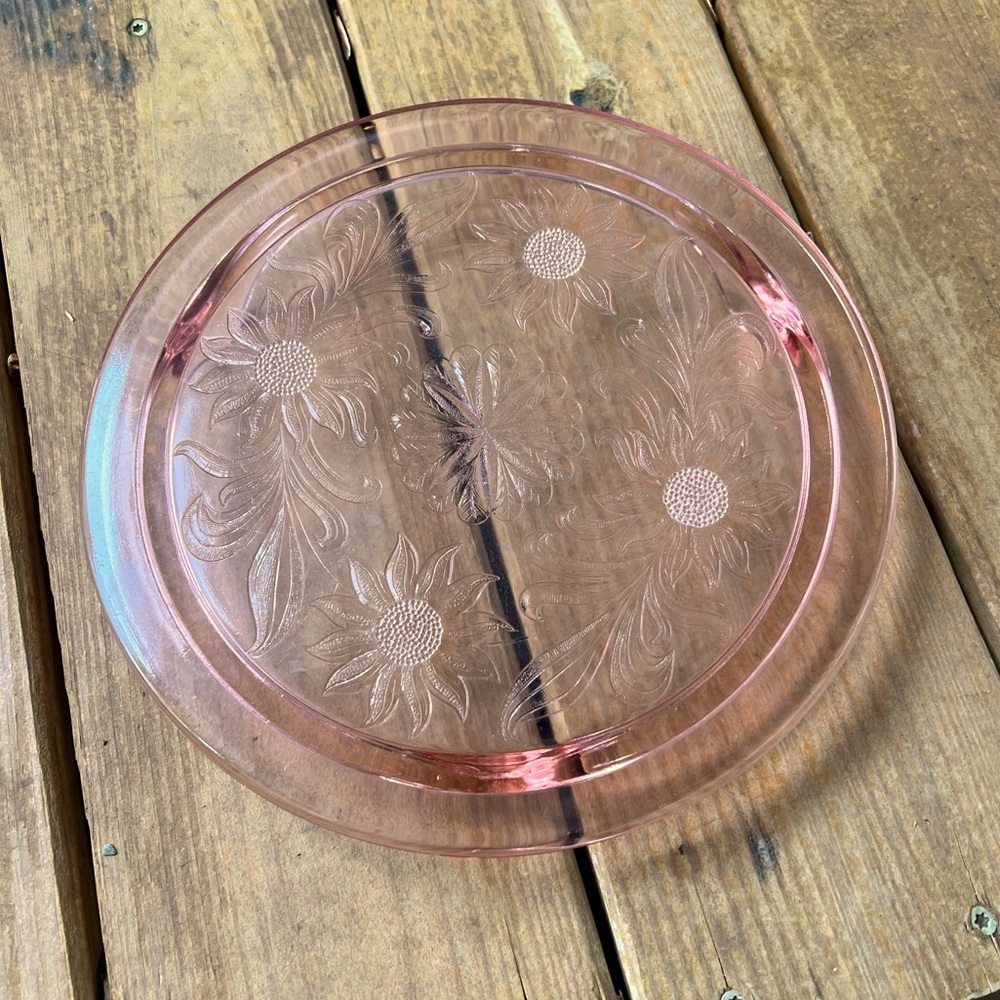 Vintage Pink Depression Glass etched cake platter